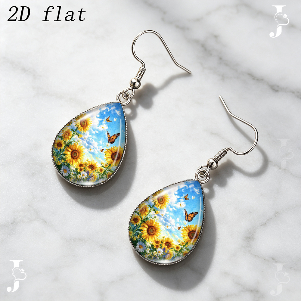 Teardrop Dangle Earrings with Sunflower Butterfly Pattern, Handmade Gift
